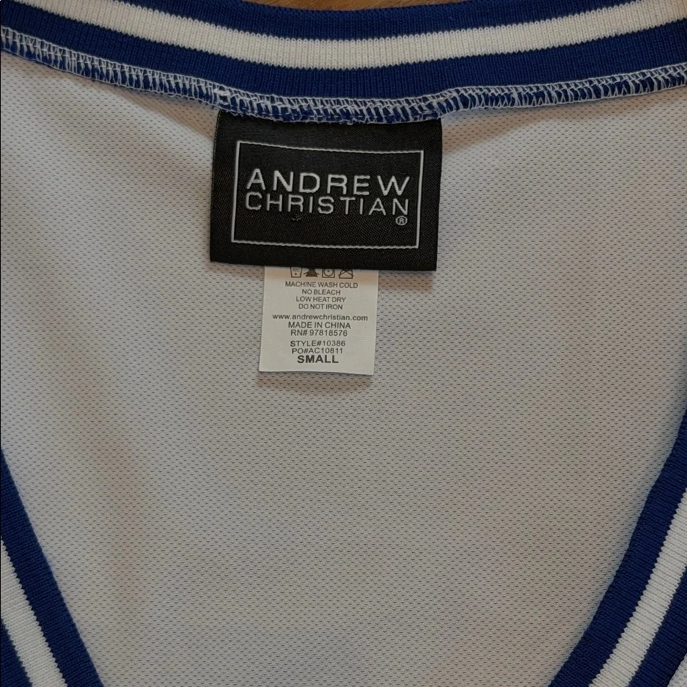 ANDREW CHRISTIAN Mesh Semi Sheer V Neck Polo Shirt Navy White Size S - Picture 2 of 6